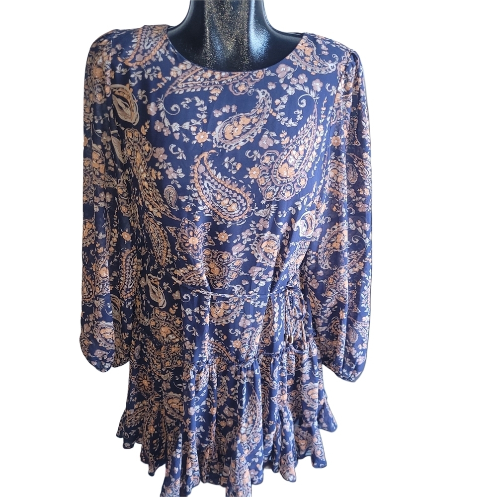 Blush BJ Navy Blue Paisley Print Long Puff Sleeve Ruffled Hem Mini Dress L